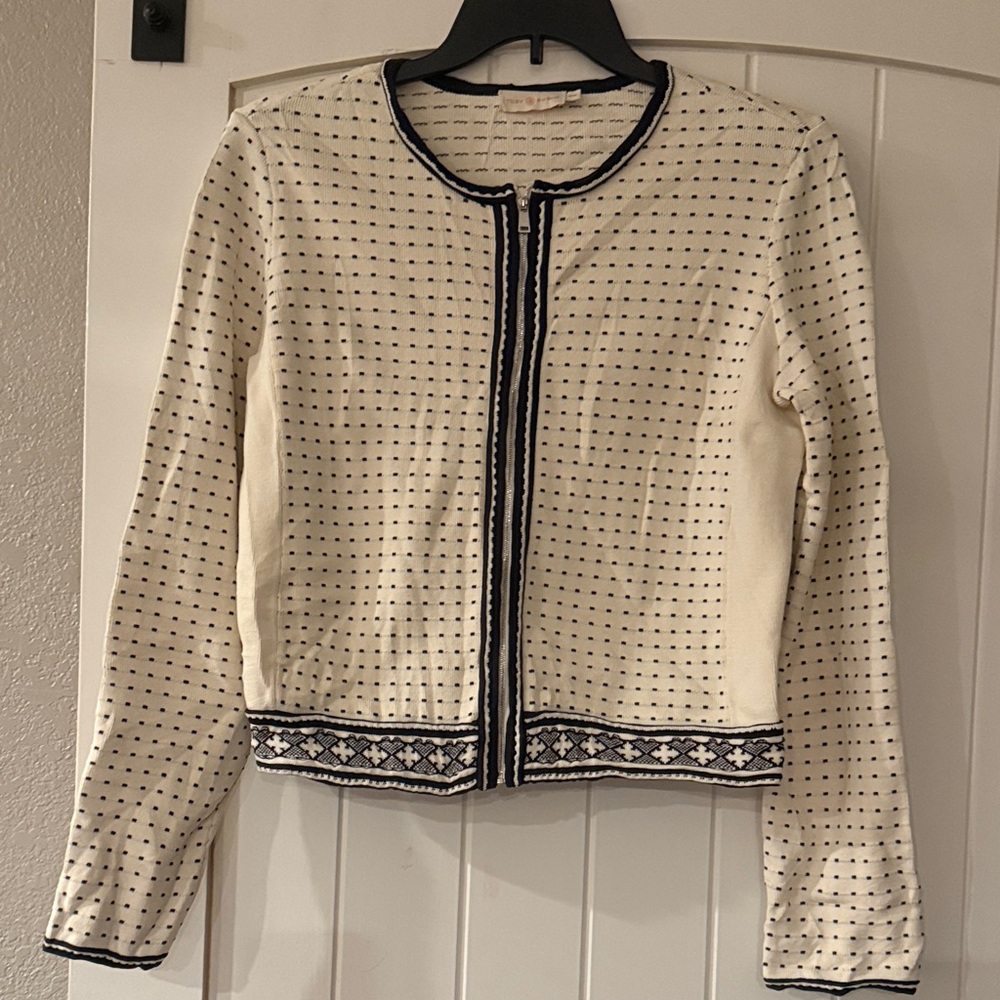 Tory Burch Cream and Black Striped Cardigan
